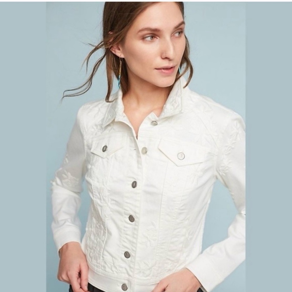 Anthropologie’s Pilcro and the Letterpress embroidered White denim jacket